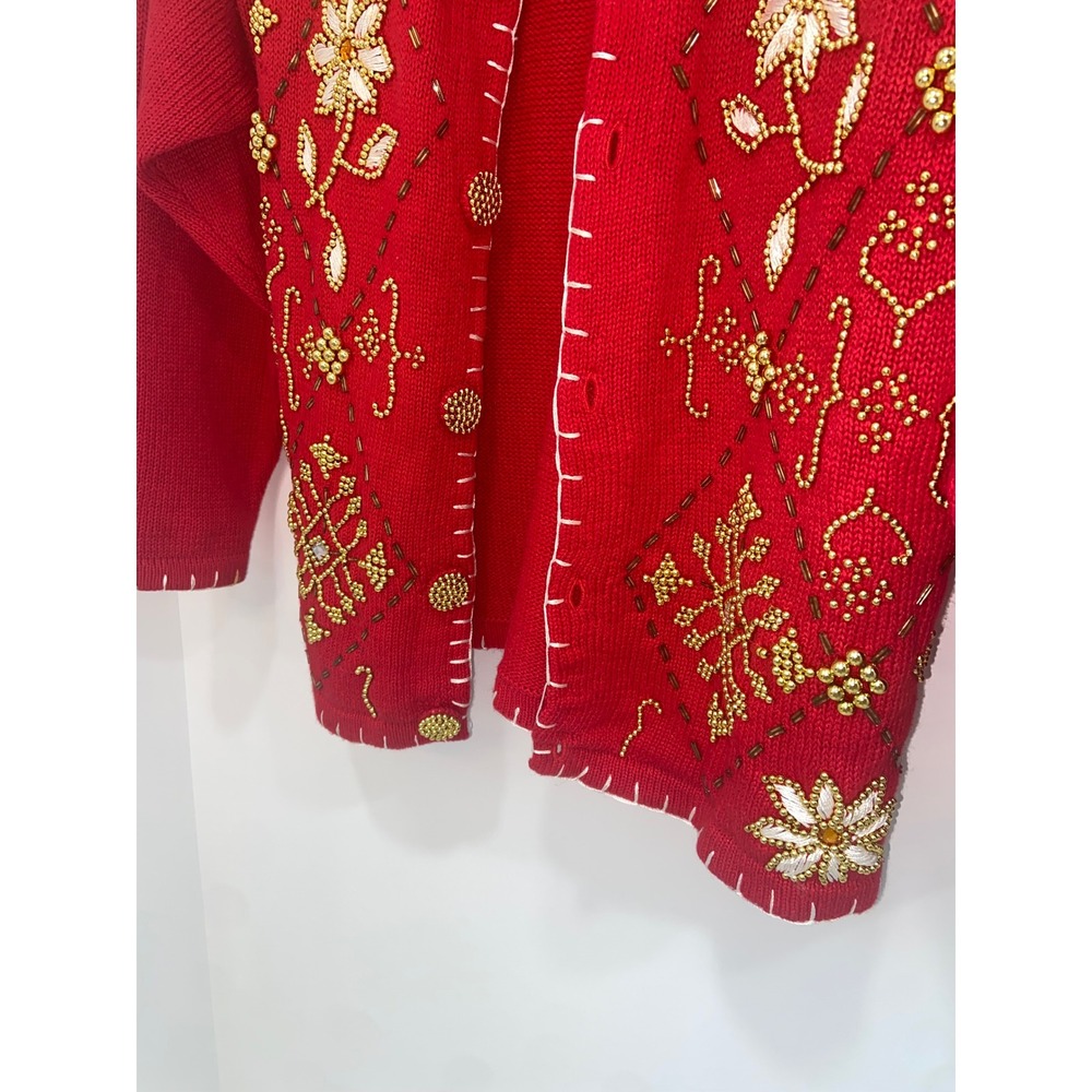 Victoria Harbour Vintage Red Beaded Cardigan Sweater Gold Floral Medium - Picture 3 of 6